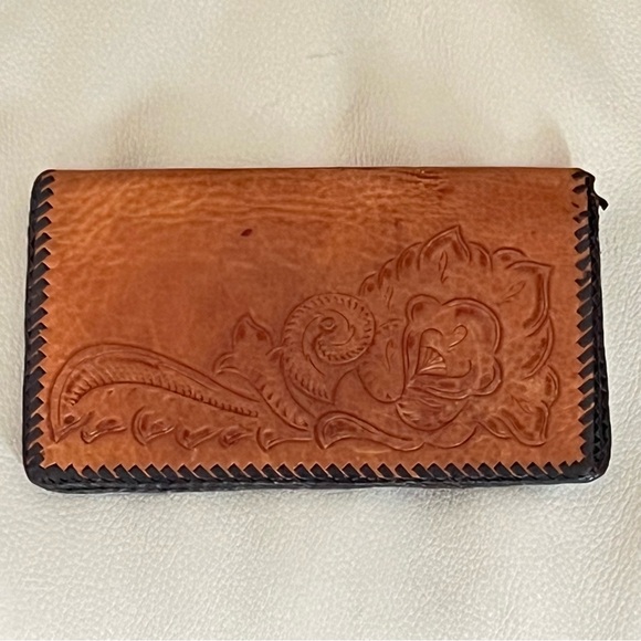 Handbags - Tooled Leather Wallet Western Floral Embossed Brown Boho Retro Checkbook